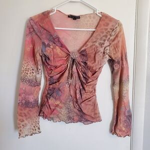 Y2K Sheer Mesh Ruched Top Fairycore Boho Long Sleeve